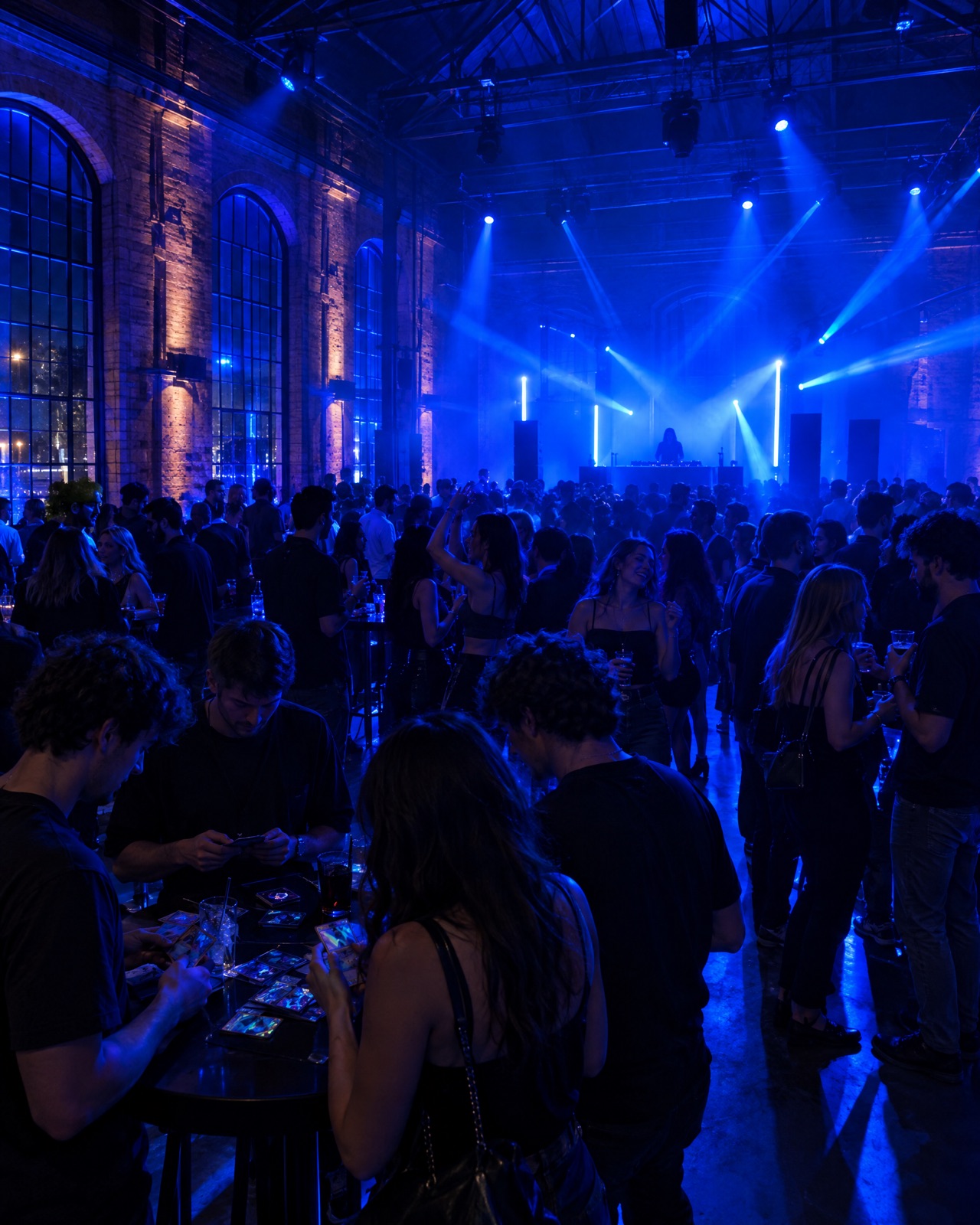 Trade Night in der Lokhalle: blaues Bühnenlicht, DJ, Menschen tanzen und tauschen Karten