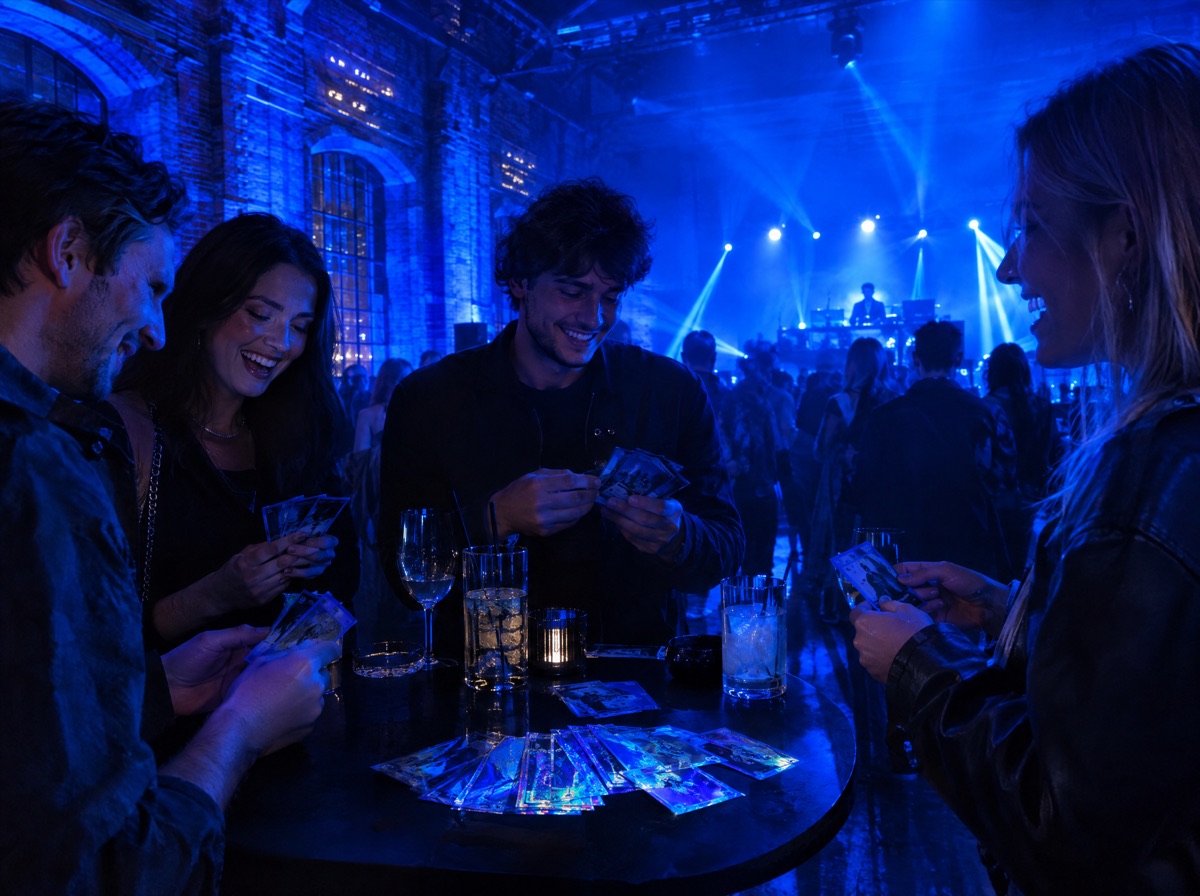Stehtisch mit Drinks und ausgebreiteten Holo-Karten im blauen Partylicht